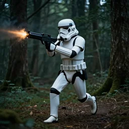 A stormtrooper running through the forest shooting his blaster, octane, hd, 8k, rich deep moody colors