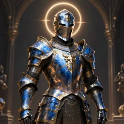portrait of male paladin oath of glory in blue and gold plate armour, halo surrounds his head, no helmet, fantasy, dramatic pose, intricate, detailed, rpg artwork, deep focus, dramatic lighting, volumetric lighting, 8 k, by mariusz lewandowski