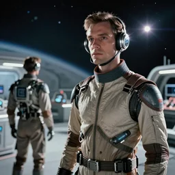 Cinestill 800t, 8K, 35mm,J.J Abrams flare; beautiful ultra realistic minimalistic syd mead in space(1950) film still medbay scene in 2000s frontiers in blade runner retrofuturism fashion magazine September hyperrealism moebius edition, highly detailed, extreme closeup three-quarter birabid text jump suit android portrait, tilt shift LaGrange point orbit background, three point perspective, focus on two androids;sunflares;back to camera, soft lighting