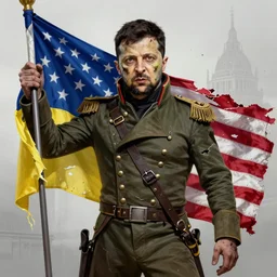 a propaganda poster of Zelensky as a zombie dressed like  Napoleon Bonaparte holding a torn flag of Ukraine in one hand and a torn flag of the USA in the other hand, digital painting, hyper realistic, hyper detailed, trending at artstation, sharp focus