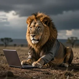 Photograph of a lion in a hoodie hacking on a laptop