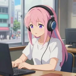 high definition anime portrait of an anime girl with pastel colored hair sitting at a desk studying with headphones on, background is a window looking out into a busy Tokyo district, lo-fi art, by Studio Ghibli, trending on artstation, sharp high quality anime, digital art, photoshop, proportionate, ambient lighting