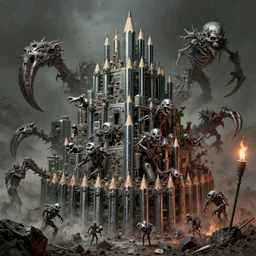 pencils of 1 1 horrifying chromed machines in tiers, all mainframe, terrified by clawed weapons, and medical, filthy, putrid chrome dip, insane speed of excavating planet grave, by wayne d barlowe, stefano tamburini, torch light, muted colors, epic, hyper detailed, awe inspiring, award winning horror, hyper realism, cinematic