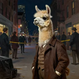 a personified llama ( with llama face ) wearing a 1 9 4 0's detective outfit, standing in the streets of chicago at night looking at a crime scene, fantasy, intricate, artstation, sharp focus, oil painting, caravaggio,