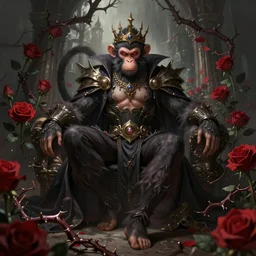 fantasy monkey king dark witch sensual surrounded by roses and thorns, wide angle view, highly detailed, qichao wang, artgerm, cushart krenz, zeronis, trending on artstation, soft light, sharp edges, illustration, character design, concept art