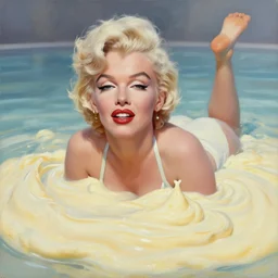 oil painting of marilyn monroe swimming in mayonnaise, detailed, realistic, trending on artstation, 8 k