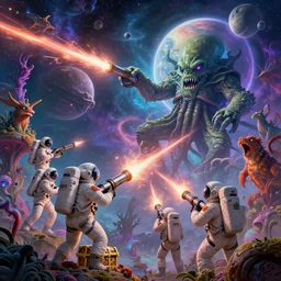 Astronauts have a treasure with them, they are shooting big plasma cannons against the giant Cthulhu that is hunting them, they are over the ring of the gas planet, this is an extravagant planet with wacky wildlife and some mythical animals, the background is full of nebulas and planets, the ambient is vivid and colorful with a terrifying atmosphere, by Jordan Grimmer digital art, trending on Artstation,