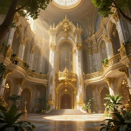 rich fantasy town hall ornate, gold and marble, sunlight rays, with  trees and plants around inside Darek Zabrocki, Karlkka, trending on Artstation, 8K