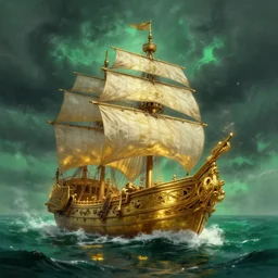 gold galleon ship, green sea, storm. bloom, lighting. fantasy, digital painting, hd, ultra - detailed.