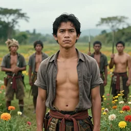 hyperrealistic portrait of a philippine character in a scenic environment, war, flowers, by beksinski zdzislaw, yoro sean, buchholz, quint, christensen james c.,
