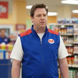 film still of ben feldman!!! as jonah simms wearing his blue vest uniform, in superstore, 2 0 1 5