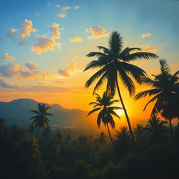 oil painting of a sri lankan landscape at sunset, coconut trees in the foreground, mountain sunset in the background, volumetric lighting, volumetric shadows, realistic oil painting by gustave dore, - h 6 4 0,
