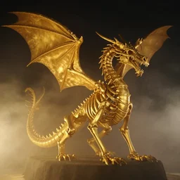 skeleton of a dragon at night, 4 k, photorealistic, golden light, volumetric, foggy