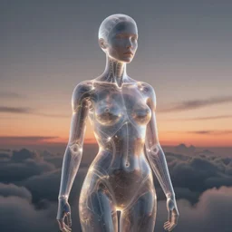 biblical beautiful female android, transparent skin, bright glowing veins, in clouds, sunset, portrait, studio light, by gerald brom, by peter elson, muted colors, extreme detail, reflections, trending on artstation, 8 k