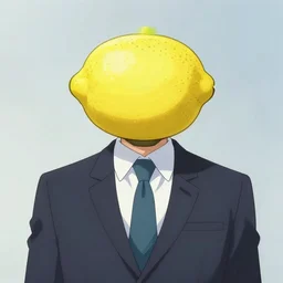 man in a business suit with a lemon for a head, Japanese anime style, art