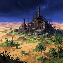 a beautiful hyperdetailed anime illustration of abandoned nature urbex fertile land industrial architecture building by pieter bruegel the elder, galactic tron retrowave landscape wilderness sea scumm bar desert at night elysian bioshock san andreas, archdaily, wallpaper, highly detailed, trending on artstation.