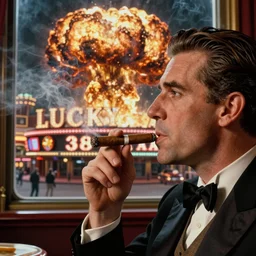 Mr. House, realistic, highly detailed face, looks at the nuclear explosion, from the window of the Lucky 38 Casino, man smokes a cigar, ! holding in his Hand !, arm,cigarette advertising, hyperdetailed, artstation trending, ultra HD, artstation, photorealism, ultrarealistic, retro, 45mm, elegant,