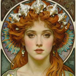 realistic detailed face portrait of Mermaid Marie Antoinette with seashells in her hair and colorful lionfish fins for ears by Alphonse Mucha, Ayami Kojima, Amano, Charlie Bowater, Karol Bak, Greg Hildebrandt, Jean Delville, and Mark Brooks, Art Nouveau, Neo-Gothic, gothic, rich deep moody colors