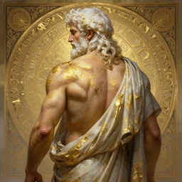 painted back portrait of rugged zeus greek god by greg rutkowski craig mullins artgerm alphonse mucha, messy sprayed gold paint, white hair handsome muscular upper body mature flowing robe [ ancient greek motifs ] background fantasy intricate elegant detailed digital painting concept art artstation sharp focus illustration