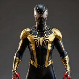 photorealistic, hyperdetailed rendering of a black and gold suit spider - man, cinematic, volumetric lighting, 8 k resolution, photorealistic, physically based rendering, octane render