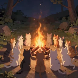 group of small cat sitting by a fire, extremely detailed, sharp focus, wide view, full body shot, smooth, digital illustration, by james jean, by rossdraws, frank franzzeta, mcbess, sakimichan, brosmind, steve simpson