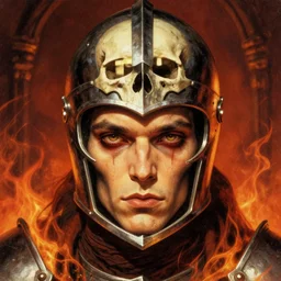 the fire god as an eldritch realistic knight, closeup portrait art by donato giancola and greg rutkowski, vintage retro, realistic face, digital art, trending on artstation, eldritch lovecraftian skull helmet, symmetry!!