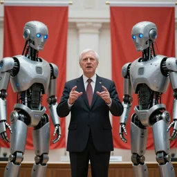 dystopian propaganda style human robot dictator giving a speech to human robots next to two large flags with robot heads on them