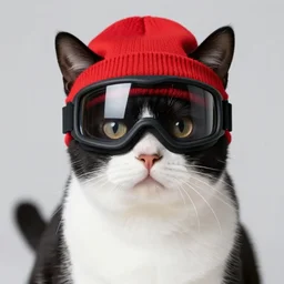 a cute black and white cat wearing a red ski mask beanie over its face with black ski goggles, photorealistic