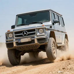 photo of a mercedes - benz g - class driving off road, dust, dirt, dirty lens, motion blur, 4 k, dslr, 8 5 mm lens