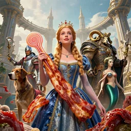 by artgerm and agostino arrivabene, visually stunning, cinematic, ultra realistic, hyper realism, 1 2 k, epic, octane render, unreal engine, vfx, maya, chaotic portrait of a princess, bacon and licorice, royal hound, tart guard, skybridge towers, lord marrowgar, ram commander, mermaid