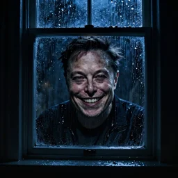 dark photo of dark blue rainy bedroom window at night, dimly lit creepy grinning face of elon musk staring in through the window, horror, scary face,