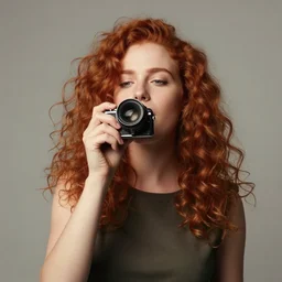 studio portrait of a young caucasian woman with curly red hair singing, vintage minolta lens f / 1. 2, soft lighting