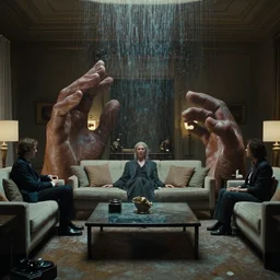 giant hands in the living room, water caustics, film still from the movie directed by denis villeneuve and david cronenberg with art direction by h. r. giger and bernie wrightson