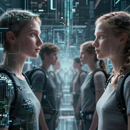 cinematic shot epic cyberspace, hyper realistic, mood lighting, fantasy, detailed human creators, highly detailed, super realistic, perfect lighting pixel sorting, style sheet