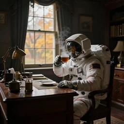 a single cosmonaut in a spacesuit drinks a steaming cup of tea at an old wooden desk in a richly decorated victorian house. the autumn light comes in through a window and dimly illuminates the room, diffuse light, octane render