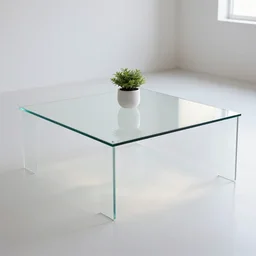 white zen clean modern sparse glass coffee table, cool, softly lit, bright, with flower pot
