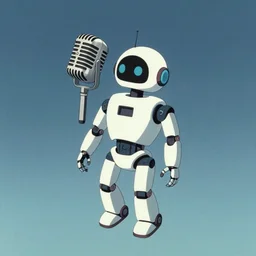 a robot with a vintage microphone for a head floats in serene space where there is no sound in the style of shigeru komatsuzaki