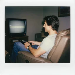 Polaroid of Tom Cruise sitting in recliner with remote control watching tv 1983