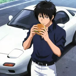 very serious ryosuke takahashi with black hair wearing a dark blue shirt and white pants eating a cheeseburger standing near his white mazda rx 7, initial d anime screenshot, initial d anime 1 0 8 0 p, detailed anime face, high detail, 9 0 s anime aesthetic
