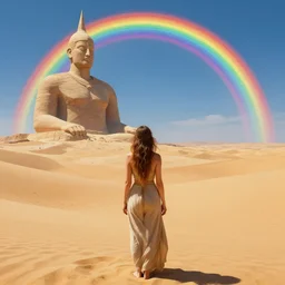 a woman visit an ancient titanic god in the desert, rainbowmancer, look from far away, by beksinski, digital art