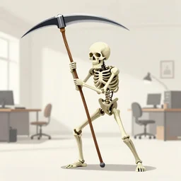 an illustration of the death character with his scythe, working hard, in a open-space working space