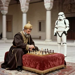 pompous ottoman sultan playing chess with a stormtrooper in the topkapi palace, photo from 1910, extremely realistic old photo