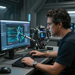 scifi hard surface robot getting programmed with computer by eddie mendoza,
