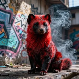 photo ( far _ shot ), subject [ furry _ fandom _ fursona ( red - and - black, weasel - ferret - stoat, smoke _ background ) ], medium [ graffiti ( spray - paint ), favela - wall ]