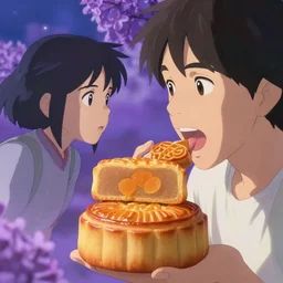 ' someone vey happy tasting a delicious mooncake for the first time ','by hugh kretschmer and edwin austin abbey, victo ngai, makoto shinkai ','style of macro lens, lilac, star war