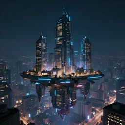 floating skyscraper in cyberpunk nightcity