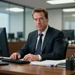 arnold schwarzenegger as conan the barbarian sitting at a desk, as an office worker, in an office, inside an office building, sitting at a desk, angrily shouting at a laptop, angry, computer trouble, technical difficulties, software error, crisp lighting, studio lighting, laptop, laptop