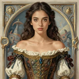 portrait of young beautiful gorgeous irresistible captivating israeli latina arab glamour model face wearing 1 7 th century off - the - shoulder bodice, jodhpurs greg manchess painting by sargent and leyendecker, studio ghibli close - up asymmetrical intricate elegant illustration hearthstone, by greg rutkowski by greg tocchini by james gilleard