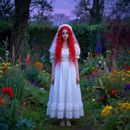brightly coloured folk horror scene with girl dressed in a white wedding dress, with red hair. a garden that seems haunted. it is twilight
