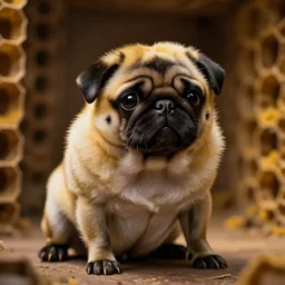 bumblebee pug, soft and fluffy, macro photography, high resolution photo, cinematic lighting, beehive interior backgrounds, there is only one bumblepug, solo subject, trending on artstation,